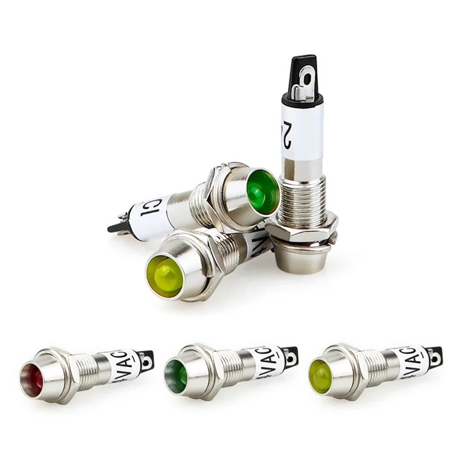 1/5/10 piezas 8MM pequeña fuente de alimentación metal LED luz de señal de trabajo XD8-1 luz circular de cobre rojo verde amarillo 12V 24V 220V(DVPCOPM-SL,10PCS_24 V)