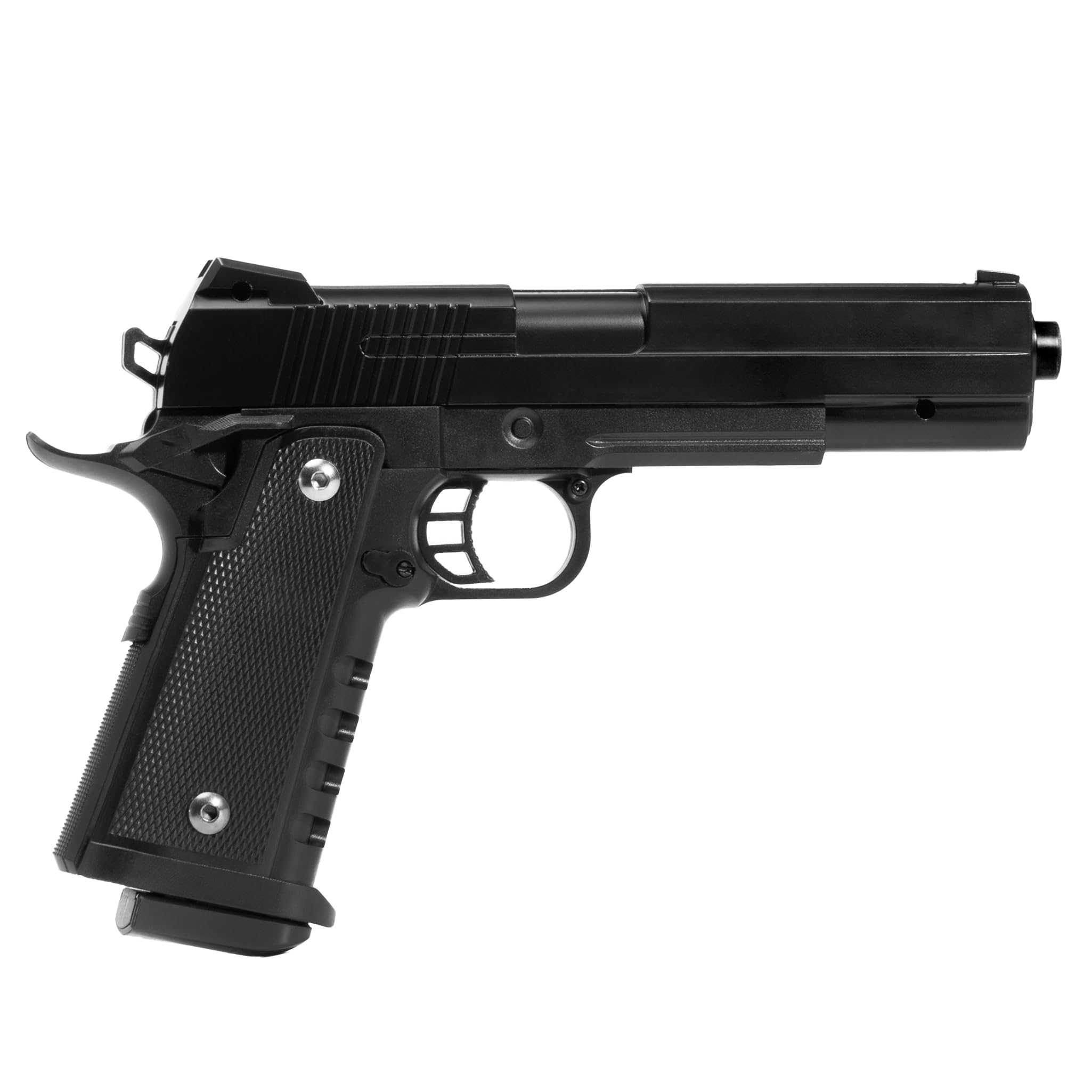 Pistola softair a molla Vigor V304, plastica, POTENZA 0,9 JOULE, caricatore 12 colpi, colpo singolo, 235x155x33mm 360g, bundle 1000 pallini calibro 6mm inclusi