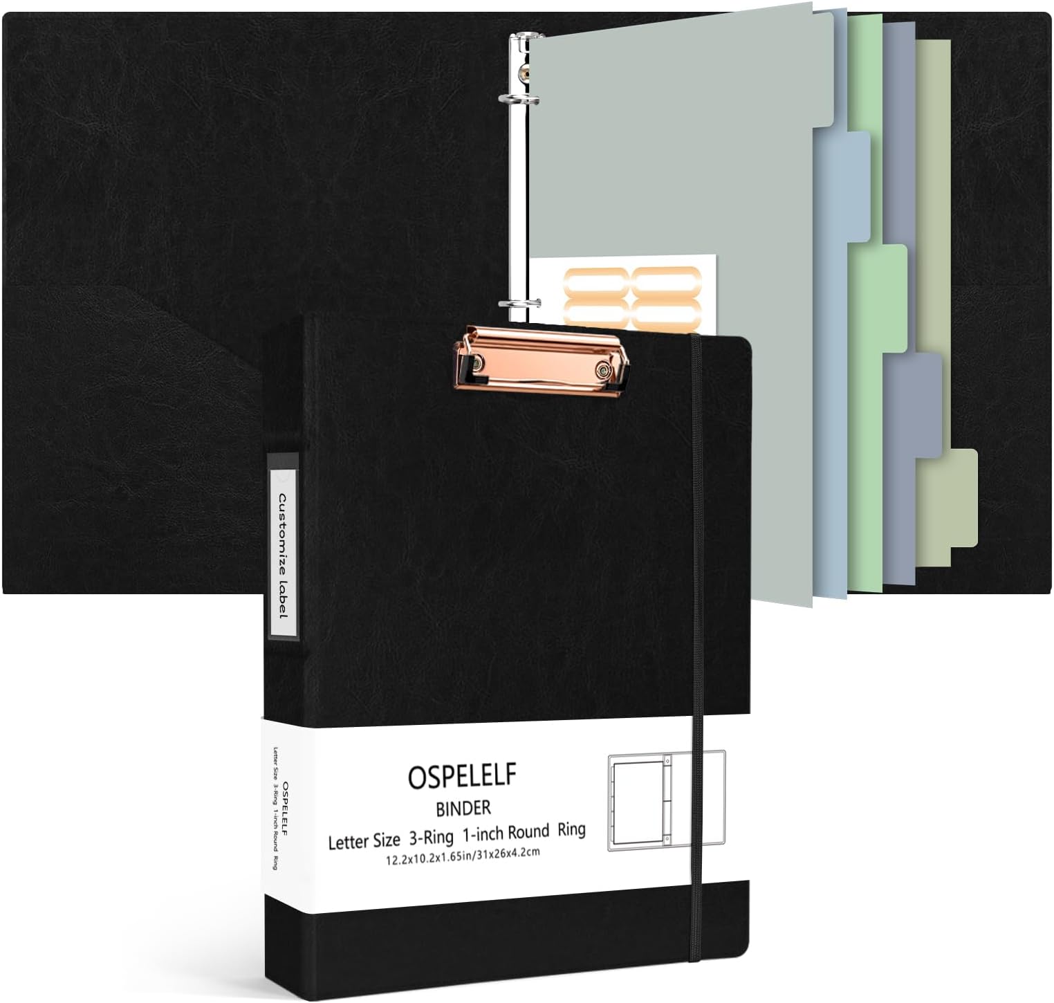 Ospelelf Vintage Hardcover 3 Ring 1 inch Leather Binding, Professional Binding Organizer Suitable for Letter Size (11 "x 8.5"), with 5 Tab Dividers, Clipboard Design, Faux Black Leather