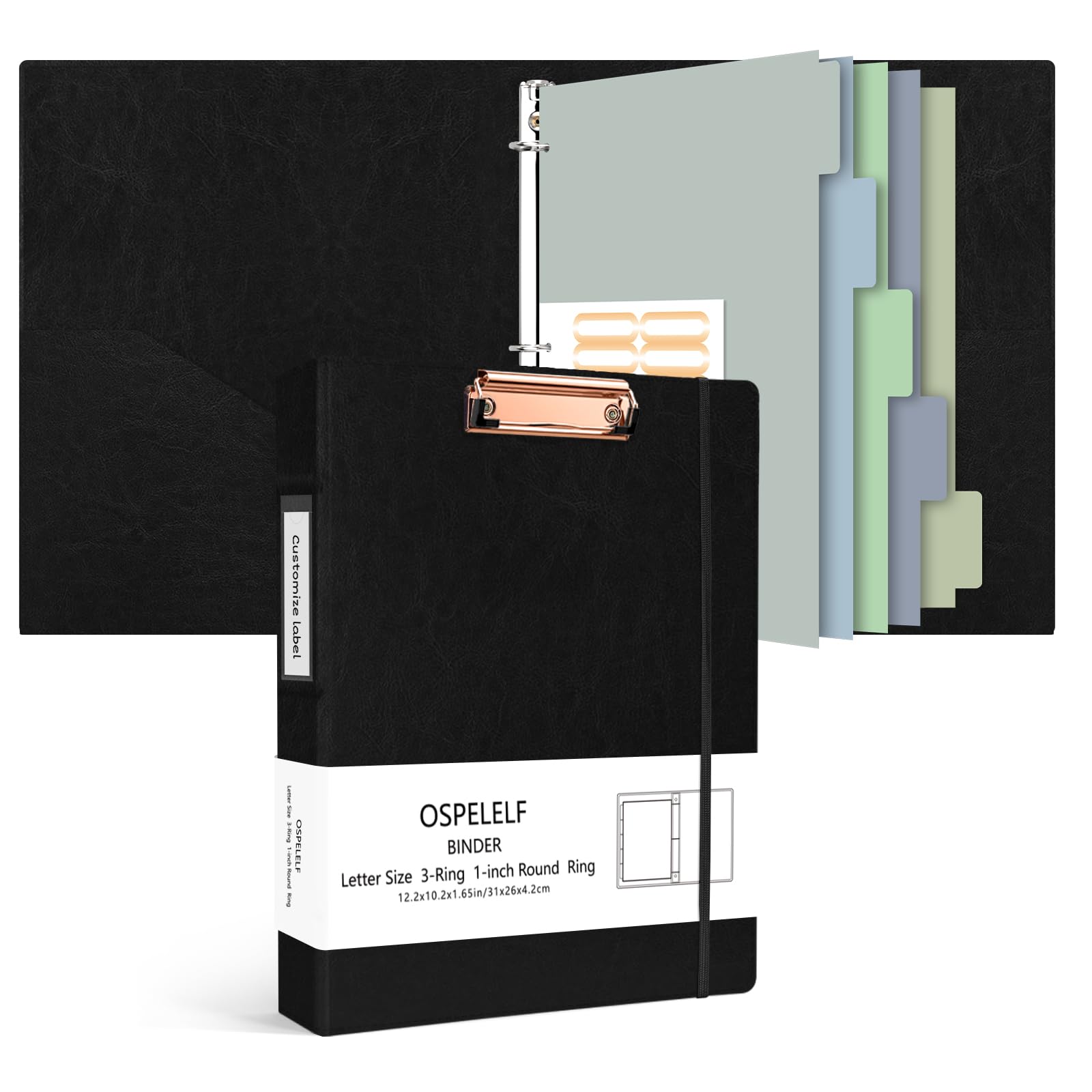Ospelelf Vintage Hardcover 3 Ring 1 inch Leather Binding, Professional Binding Organizer Suitable for Letter Size (11 "x 8.5"), with 5 Tab Dividers, Clipboard Design, Faux Black Leather