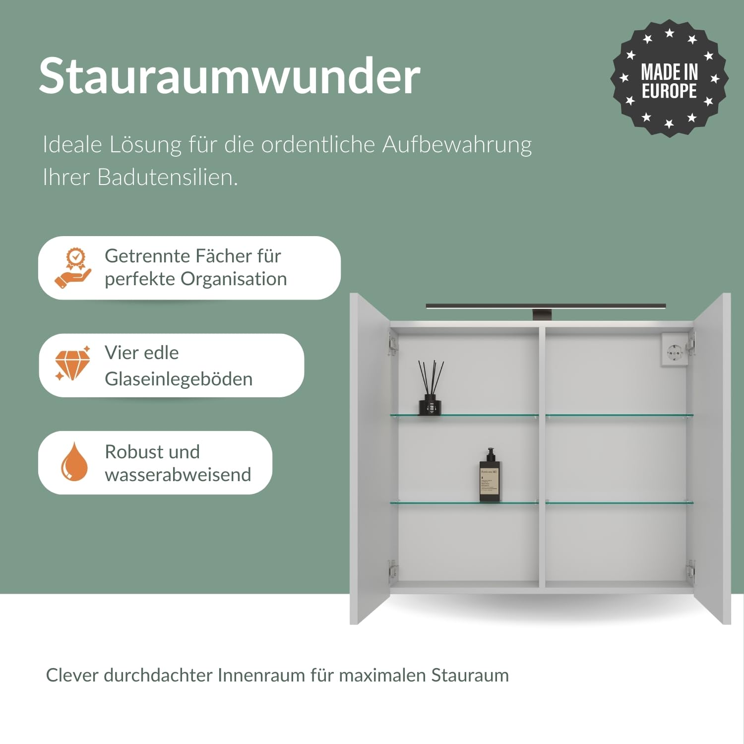 Planetmöbel ARIA Spiegelschrank Bad mit Beleuchtung 80 cm breit | Badschrank hängend mit Spiegel | Weiß Grau, mit Leuchte und Steckdose, Spiegelschrank Gäste WC 80 x 70 x 16 cm