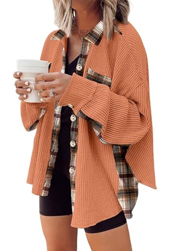 SHEWIN Womens Waffle Knit Plaid Shacket Boyfriend Button Down Shirt Jacket Loose Long Sleeve Tops