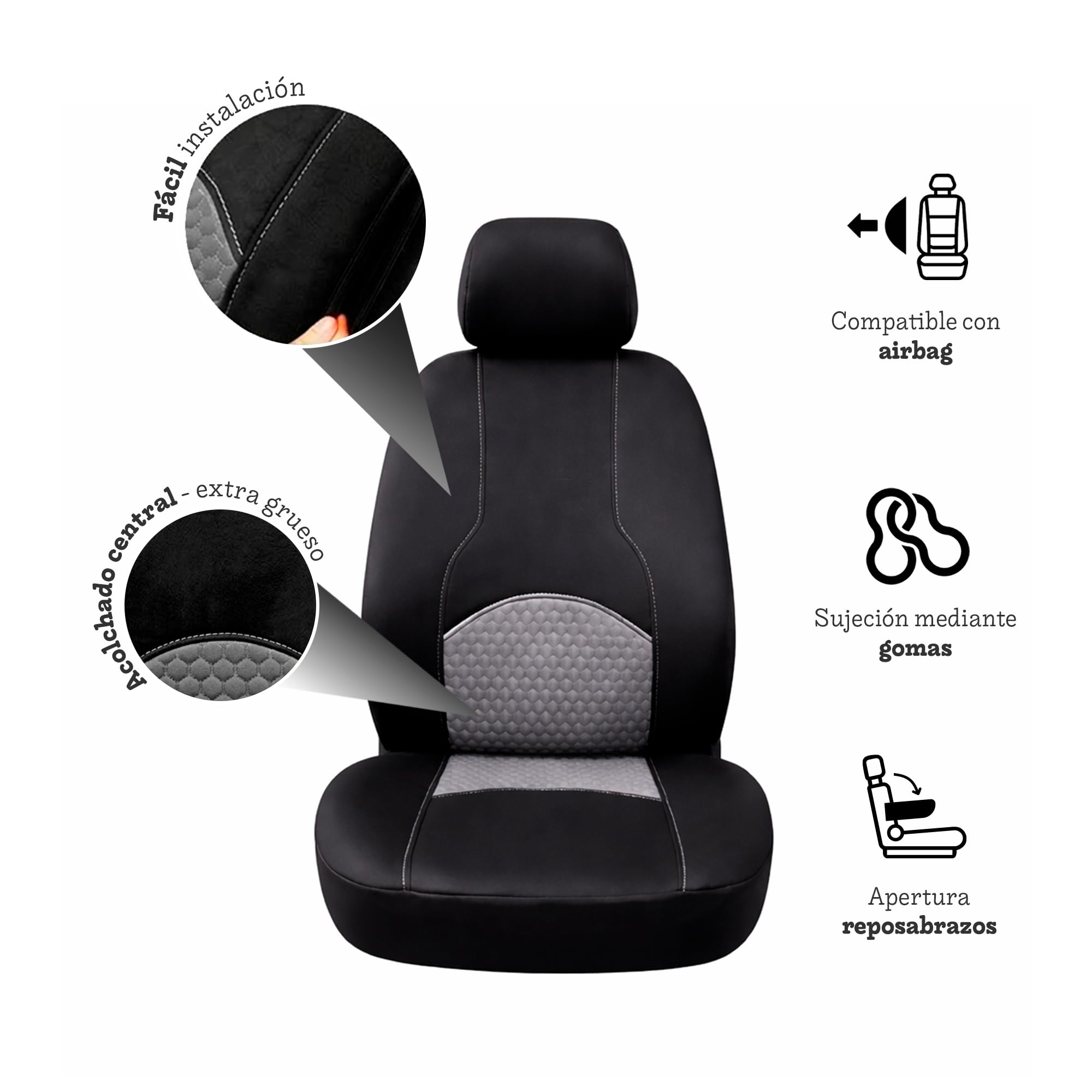 Funda Asiento Coche Delantero (Pack 2 Unidades) con Reposacabezas Coche, Protector Asiento Coche Delantero, Fundas Asientos Coche Universales, Cubre Asientos Coche, Compatibles con Airbags Laterales