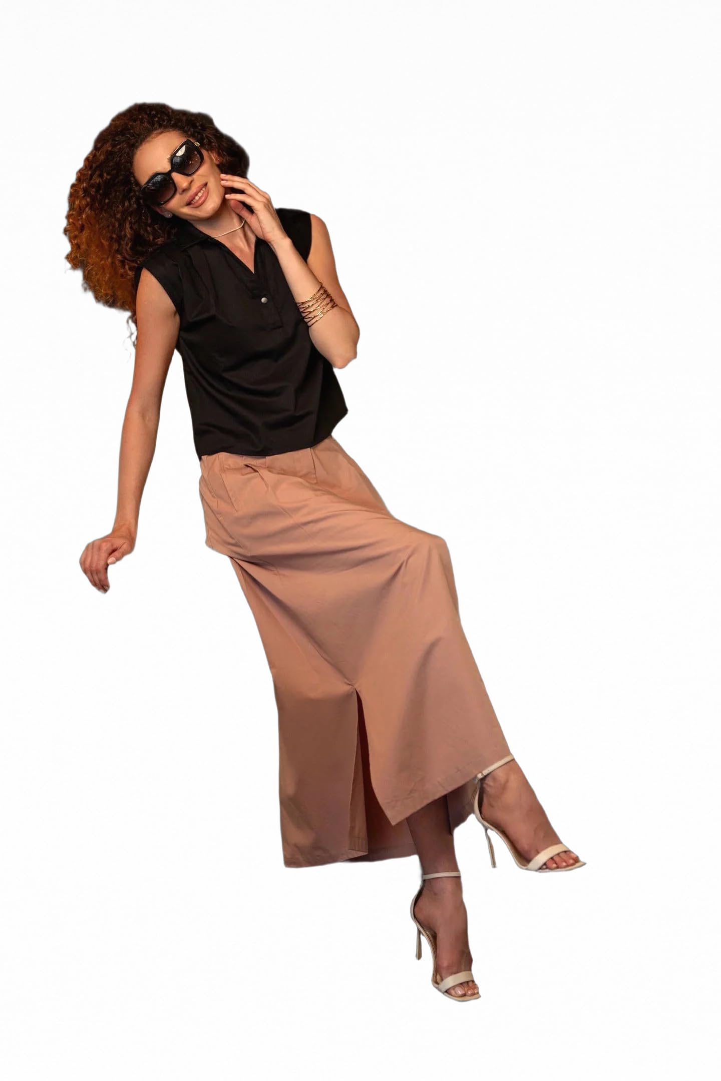 VIRGIO Solid Cotton Pink Maxi Skirts with Front Slit Flared Casual for Women