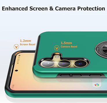 Galaxy S25 ケース、ミリタリーグレードの耐衝撃カバー、リングホルダー キックスタンド付き 回転可能 インビジブル、Samsung S25ケース、Samsung Galaxy S25用スリムフィット保護ケース 6.2インチ、グリーン