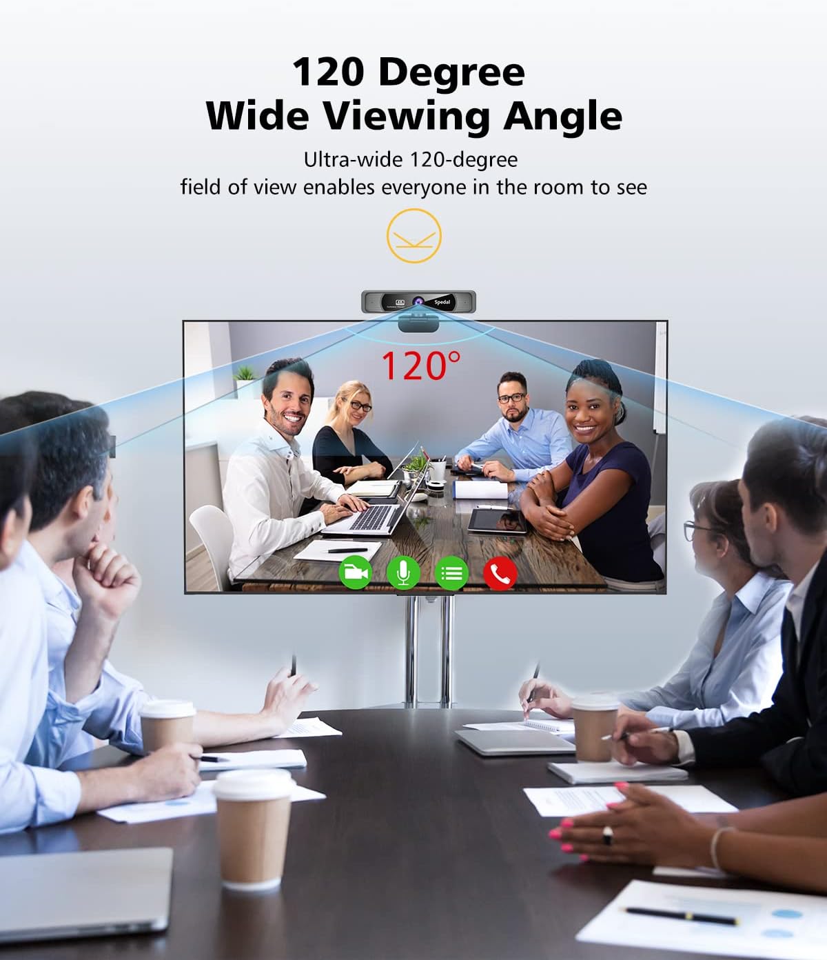 Spedal 4K Webcam FF931 mounted on a laptop screen, demonstrating its 120-degree wide viewing ആംഗിൾ
