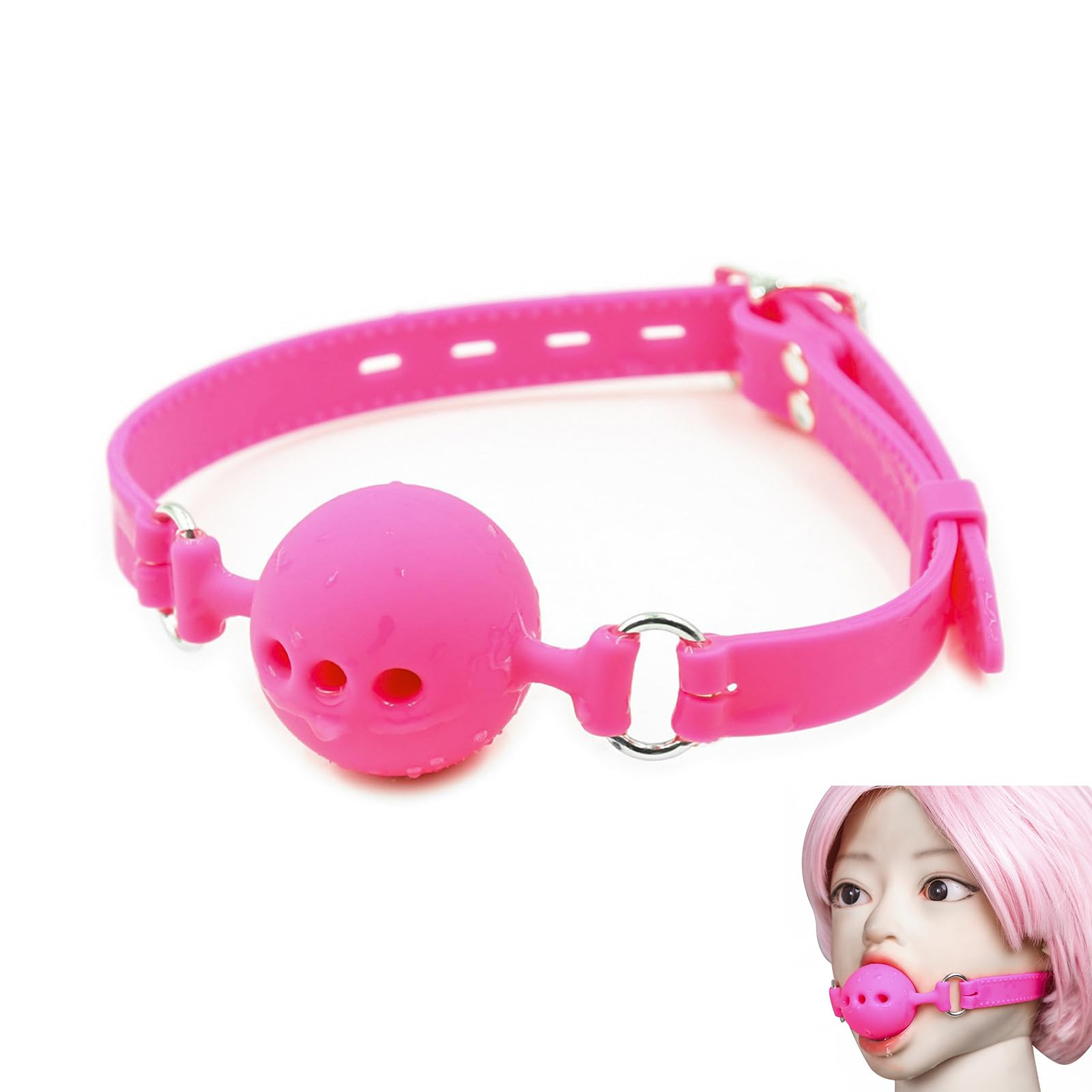 DFsucces Leather Restraints Ball Mouth Plug Silicone Bondage Ball Gag Hollowed-Breathable Silicone Sex Gag Muzzles Adjustable Strap Bondage Harness Restraints（ (Pink-BO4)