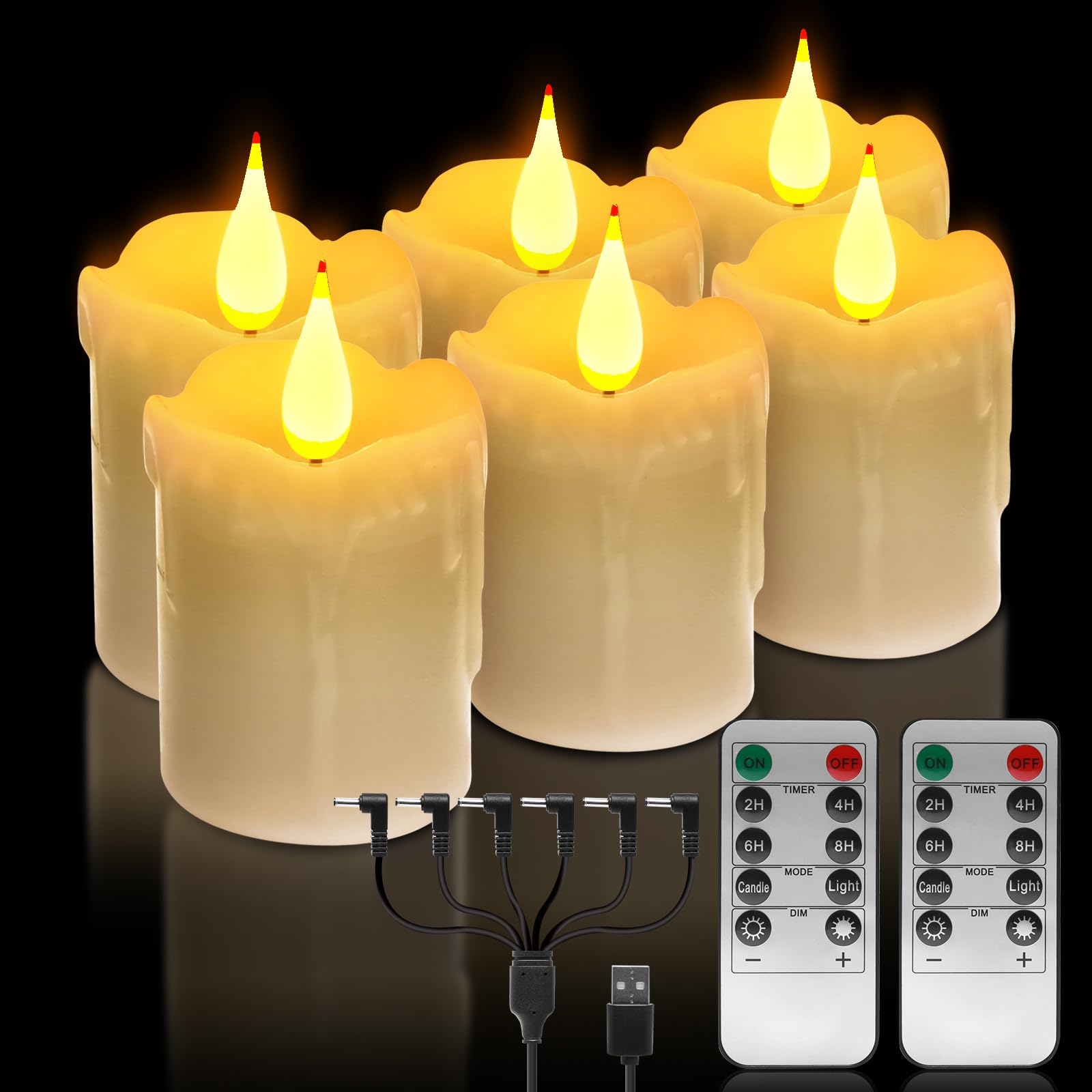 6 LED Votive Candles,LUXONIC Ivory Flameless Flickering Candle Lights Kit,USB Charging Pillar Tealights,Timer with 10-Key Remote,Warm White Night Light for Table,Hotel,Wedding,Church,Home Decor