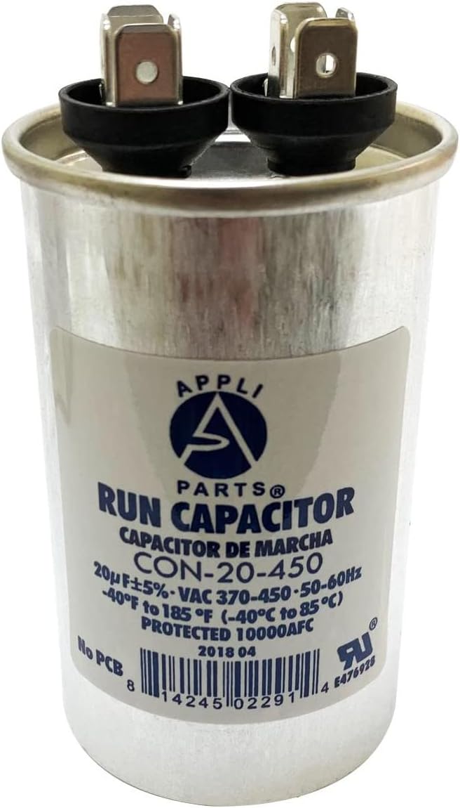 Appli Parts Condensador Capacitor de Marcha 20 Mfd uF (microfaradios) 370VAC o 450VAC CBB65 Universal Aire acondicionado y otras aplicaciones Redondo UL E476928 8.6cm Alto 4.5cm Ancho CON-20-450