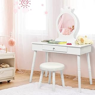 HONEY JOY Kids Vanity, Crown Shape Princess Makeup Dressing Table and Chair Set w/Drawer, Cushioned Toddler Vanity Stool, Real Glass Mirror, Wooden Little Girls Vanity Set with Mirror and Stool(White)