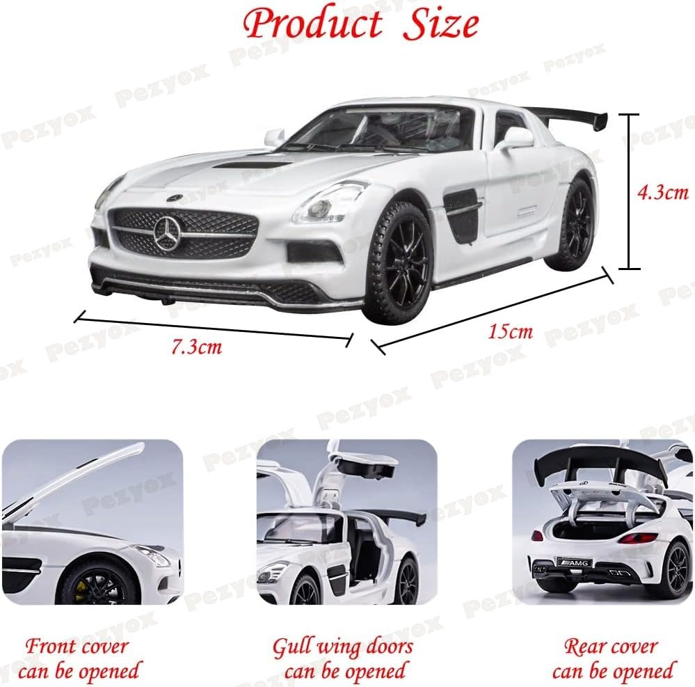 Image of 1:32 Benz SLS AMG Model Car Zinc Alloy Pull Back Toy with Sound & Light Fun for Kids, Boys & Girls Collectible Diecast Car for Ages 3+ (White)