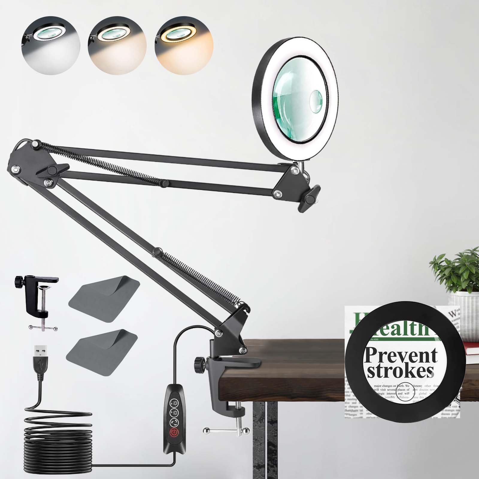 Lupe mit Licht, 10 Fach 15 Fach Lupenleuchte mit Klemme, Verstellbare Arm Lupenlampe Kosmetik mit 3 Modi Farben und Stufenlos Dimmbaren, Magnifying Glass with Light