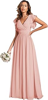 Women's Flowy Chiffon A Line Ruffles Sleeves Back Cutout Bridesmaid Dresses 01819