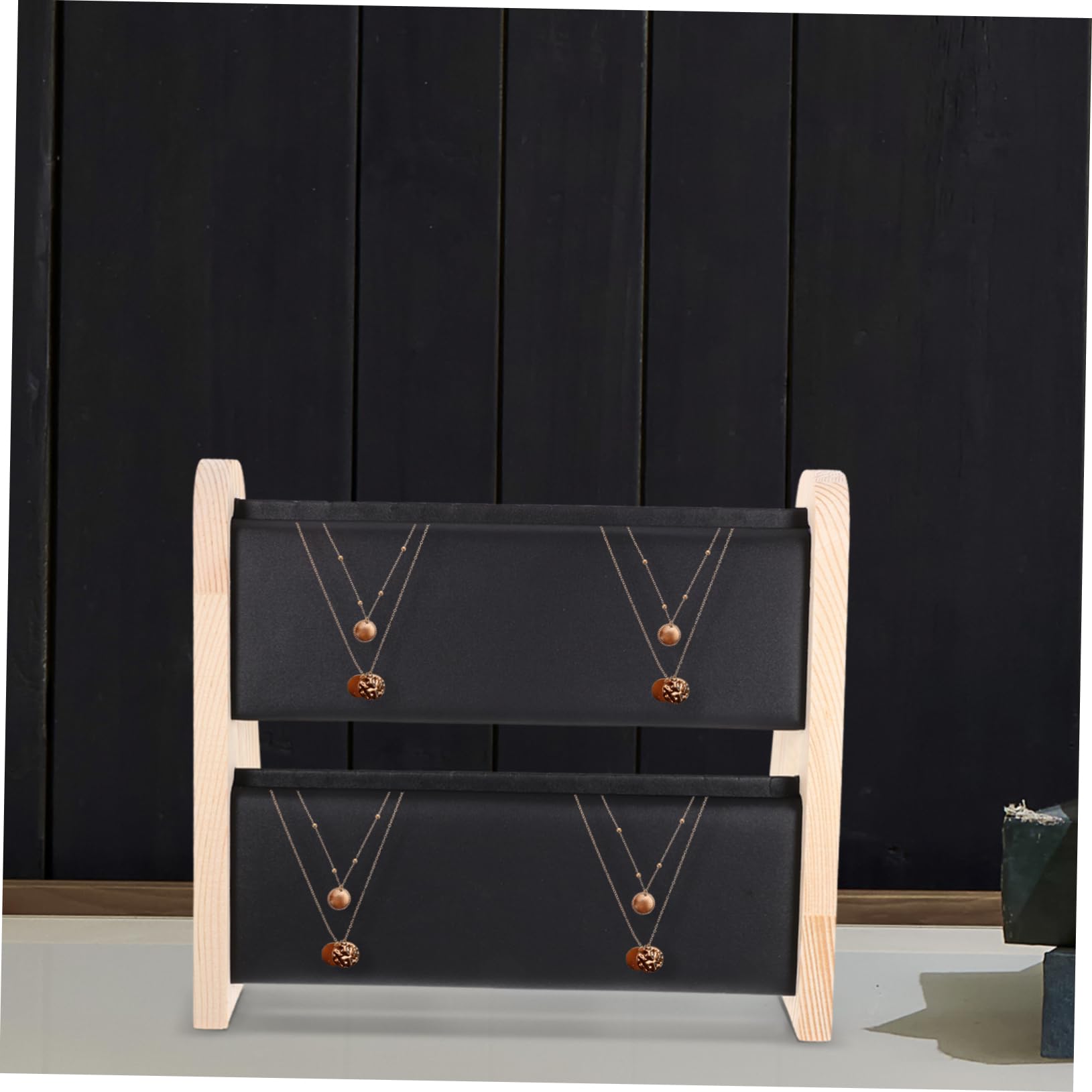 Présentoir à Bijoux en Bois Massif Noir, Organiseur Élégant à Double Couche pour Porte-colliers, pour Boutiques et Salons Professionnels