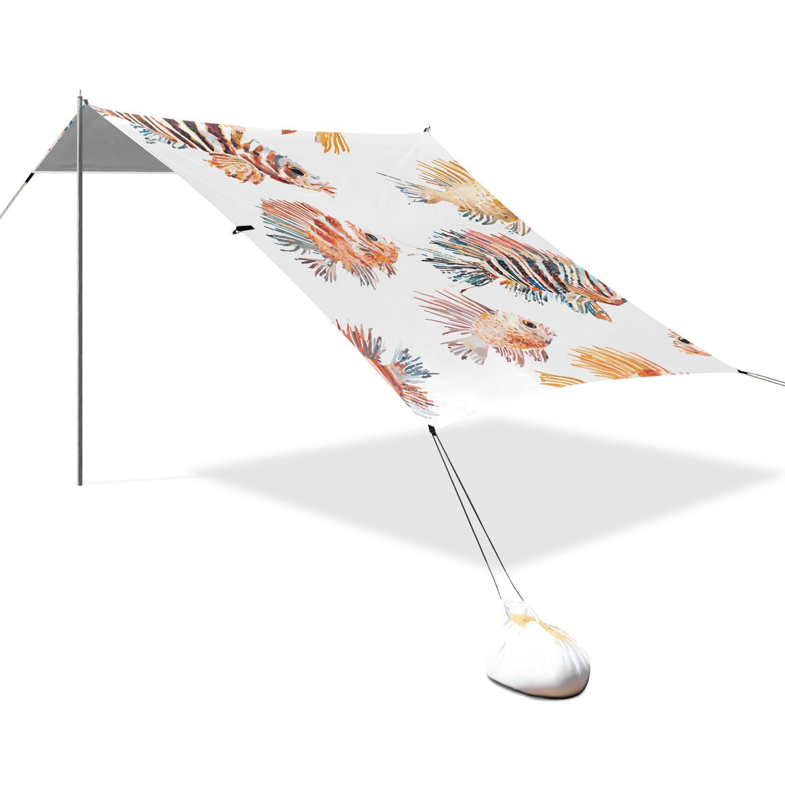 Cartoon Lionfish Foldable Beach Canopy UPF50 Easy Setup Large Sun Shelter with Carrying Bag for Family Trips, Picnics & Camping