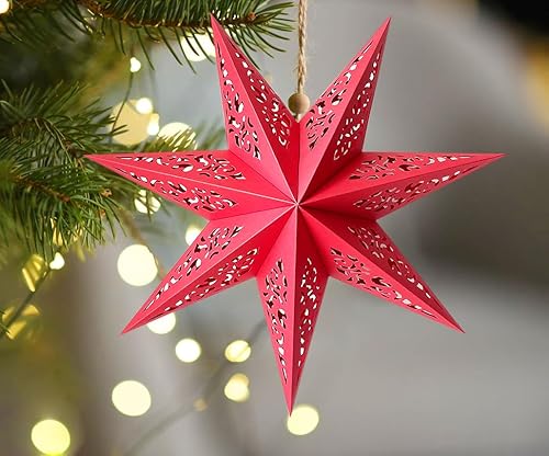 Miniatura 6 de Farol de estrella de papel hueco para colgar pantalla de estrella para Halloween, Navidad, celebración de fiestas (A, rojo)