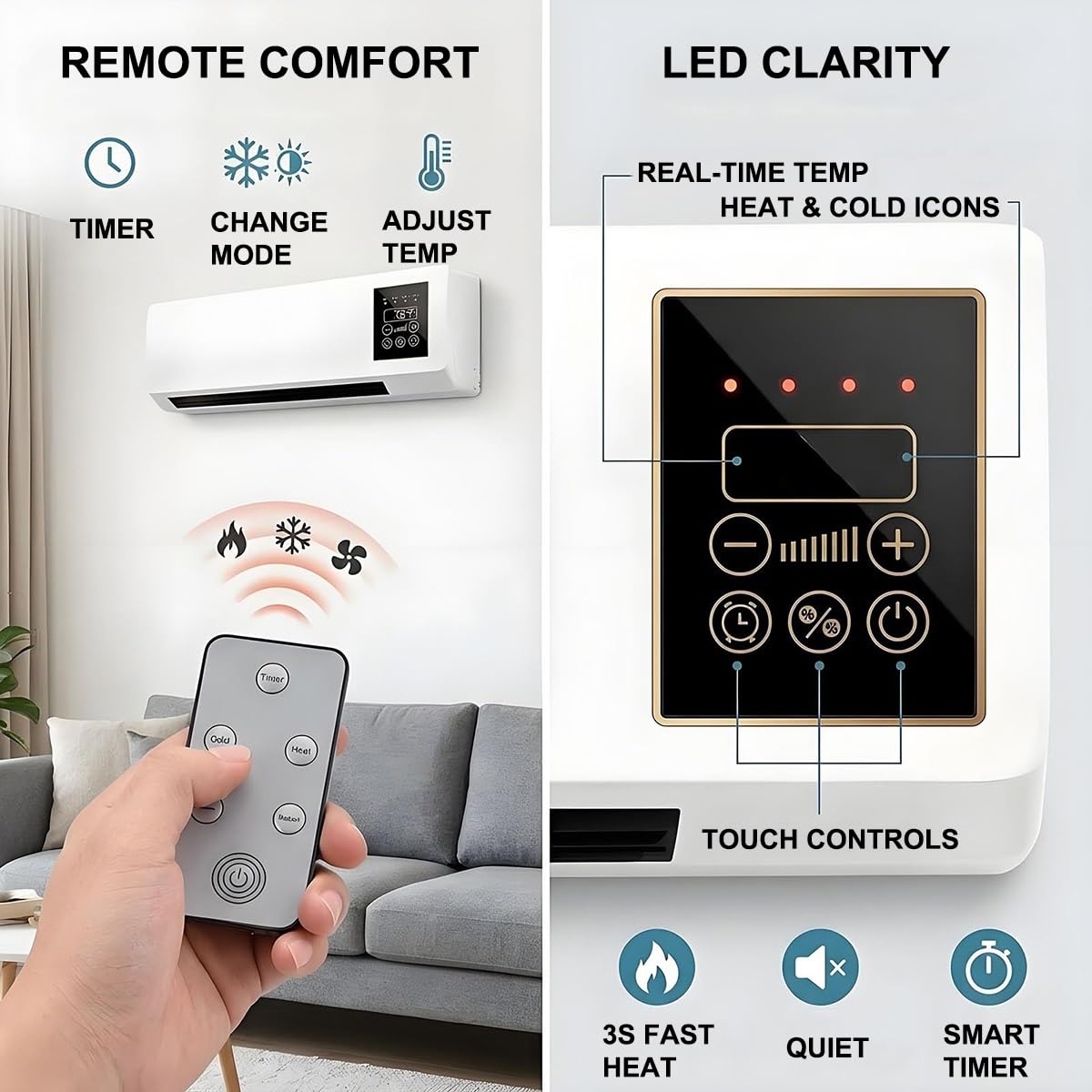 Climatizzatore Portatile Senza Condotti, Condizionatore D'Aria Da Parete | Raffreddamento e riscaldamento rapidi, ultra silenzioso, installazione a parete semplice, per camera da letto e soggiorno