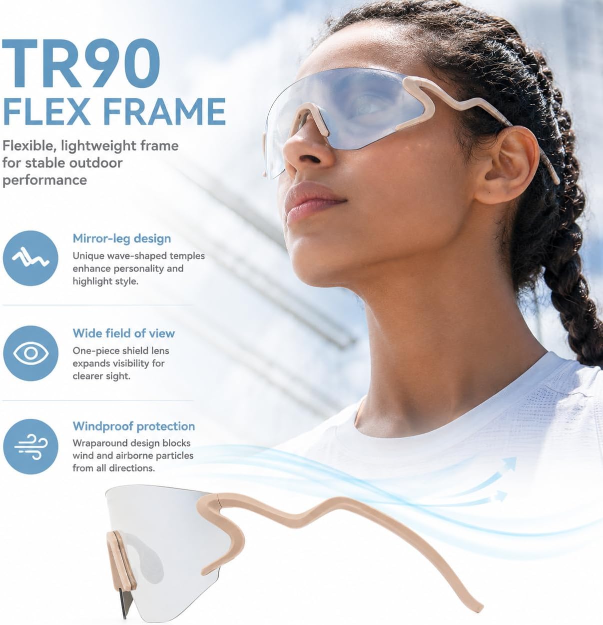 ROCKBROS Photochromic Cycling Glasses, Windproof UV Protection, Unisex | Photochromic PC lenses; Adapt to UV light changes; TR90 frame design; Wraparound coverage blocks wind and dust
