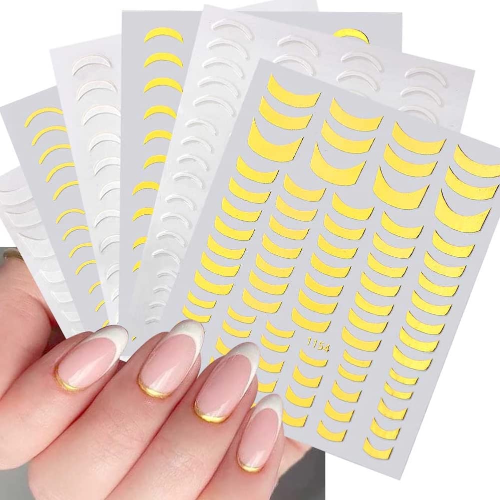 6 Sheet Gold Nail Art Stickers Decals,French for Nail Art,3D Self-Adhesive Nail Decals DIY Nail Art Supplies Designer French Nail Stickers for Women Girls Manicure Tips Nail Decoration Accessories