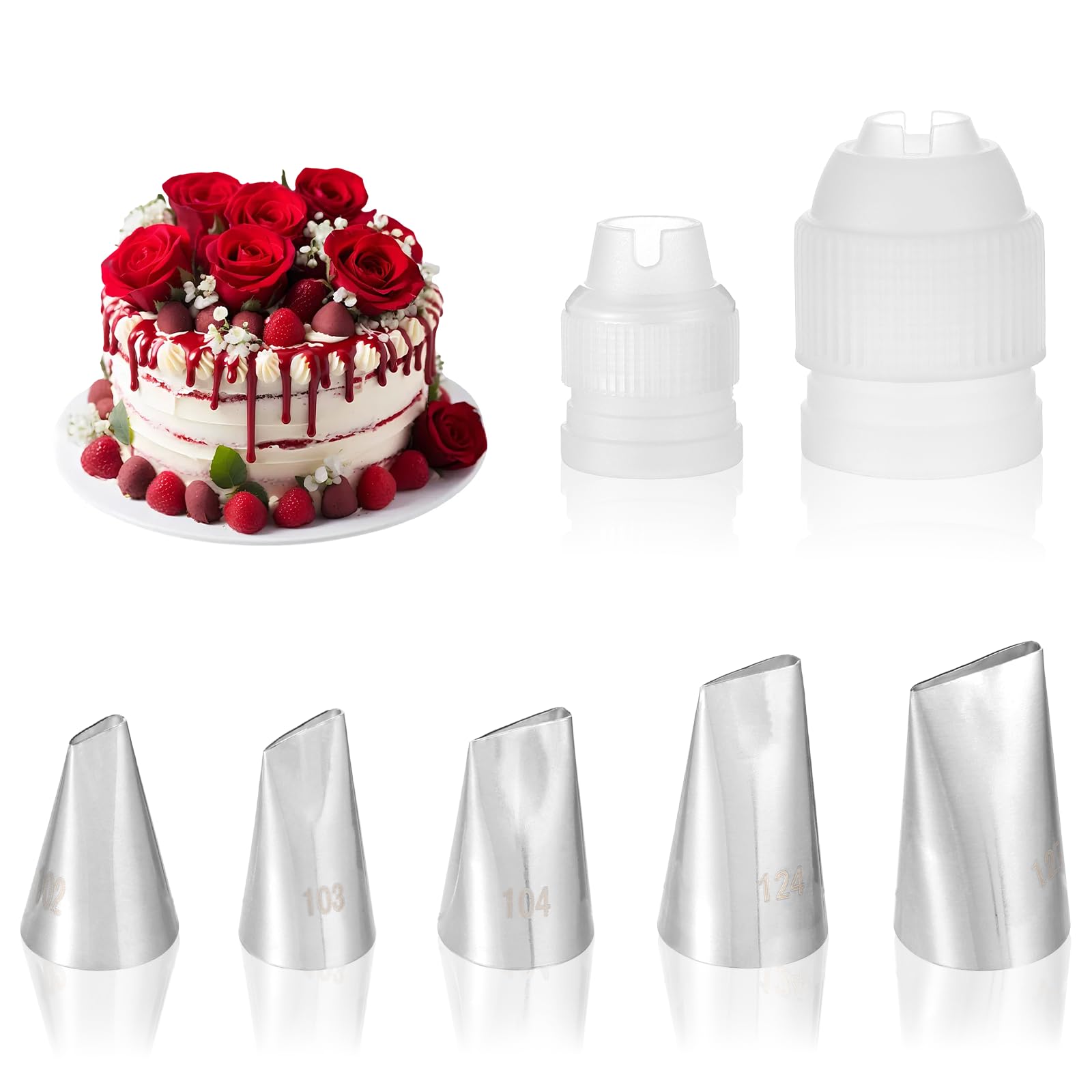 Petal Piping Tips Set with Coupler, 102, 103,104s,104,107 Flower Piping Tips, Stainless Steel Rose Icing Flower Decorating Tip for for Small, Roses, Petals, Ruffles, Bows