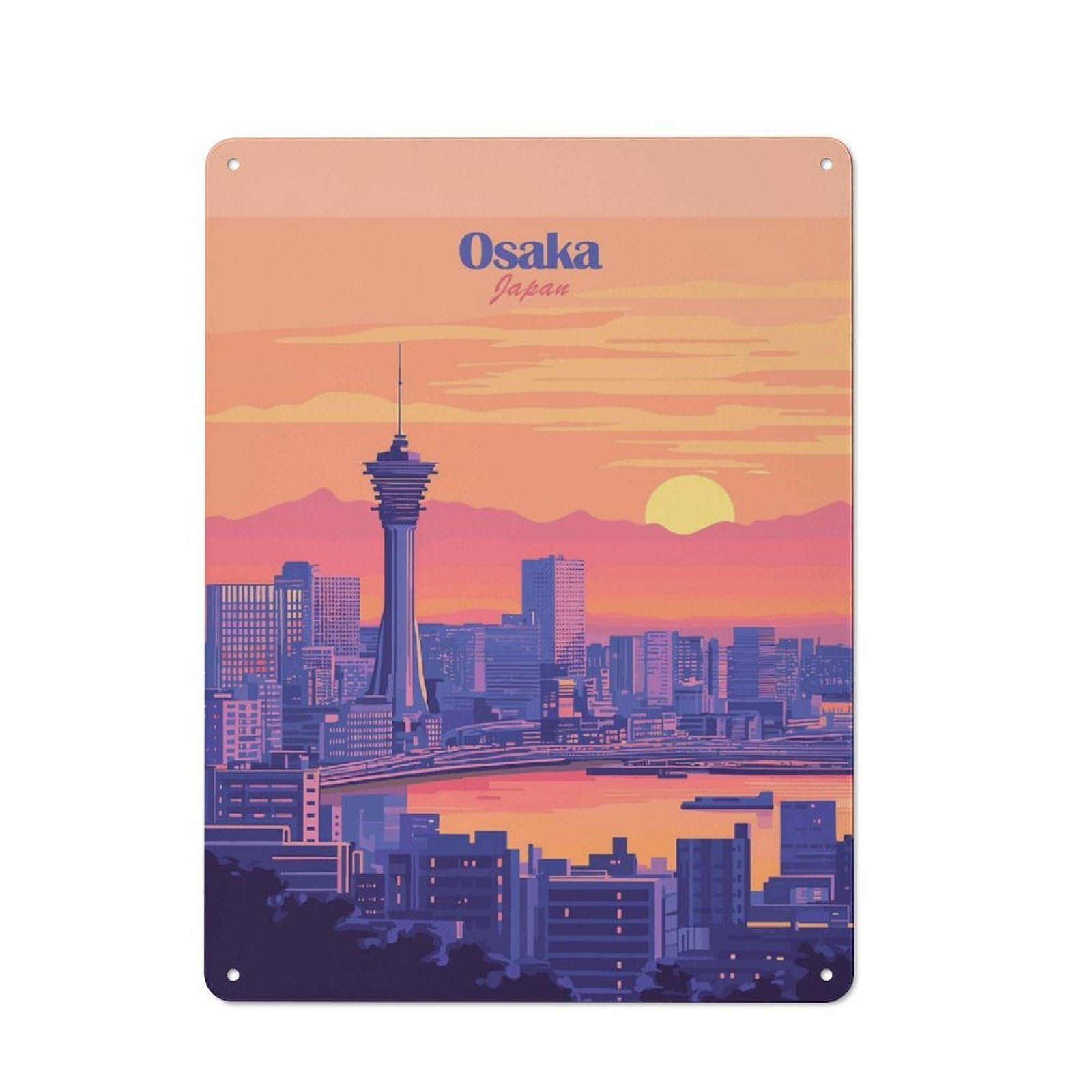 Osaka Skyline Sunset Rustic Metal Sign 40x30cm, Barn Style Farmhouse Wall Decor for Kitchen, Cottage, Porch Or Garden Room