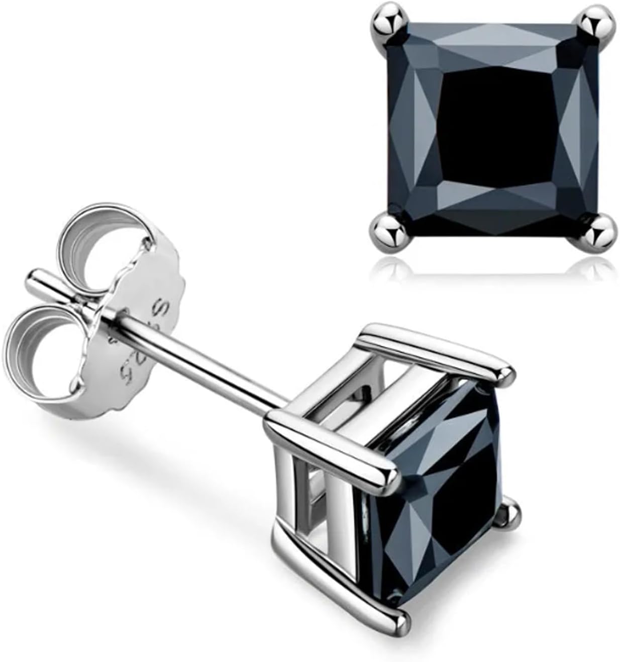 Sterling Silver Rhodium Finish Princess Cut Black Cubic Zirconia Stud Earring