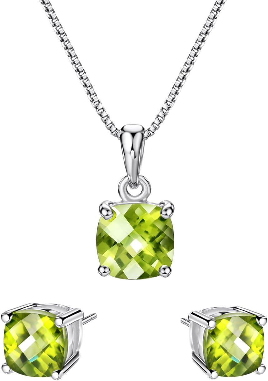 Mints S925 2ct Peridot Jewelry Set Sterling Silver Pendant Necklace & Stud Earrings August Birthstone Gemstone For Women