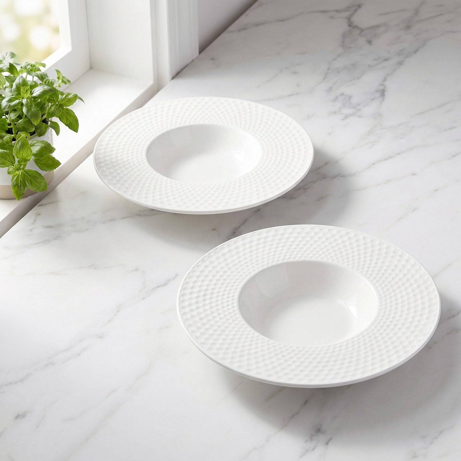 Juego de 4 cuencos de sopa de porcelana para pasta, platos poco profundos, cuencos con borde de 10 onzas con borde, aptos para hornos microondas y refrigeradores (11 pulgadas)