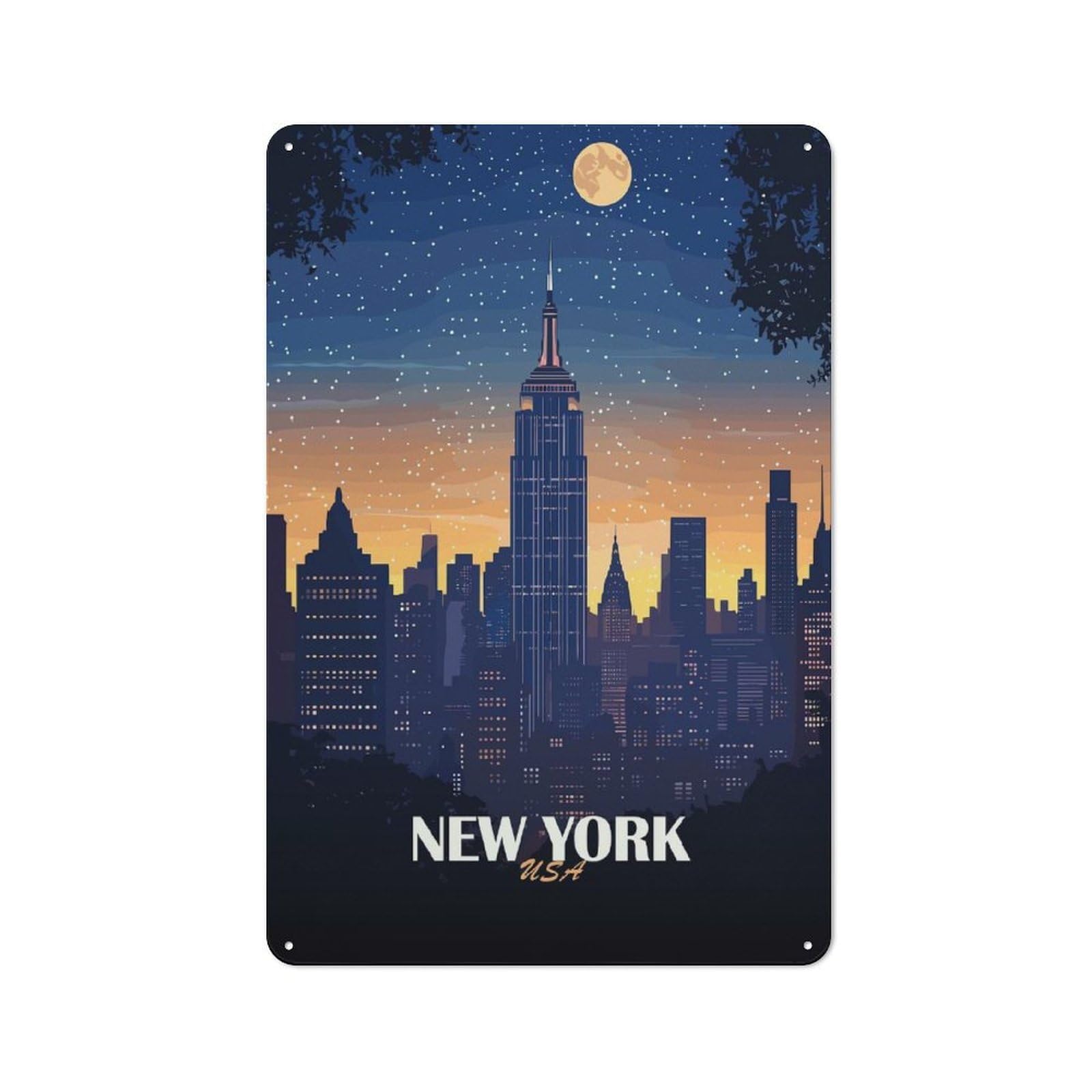 Junmoney New York City Skyline At Night Tin Sign 30X20cm For Living Room Wall, Rustic Wall Decor, For Living Room Decor Lovers