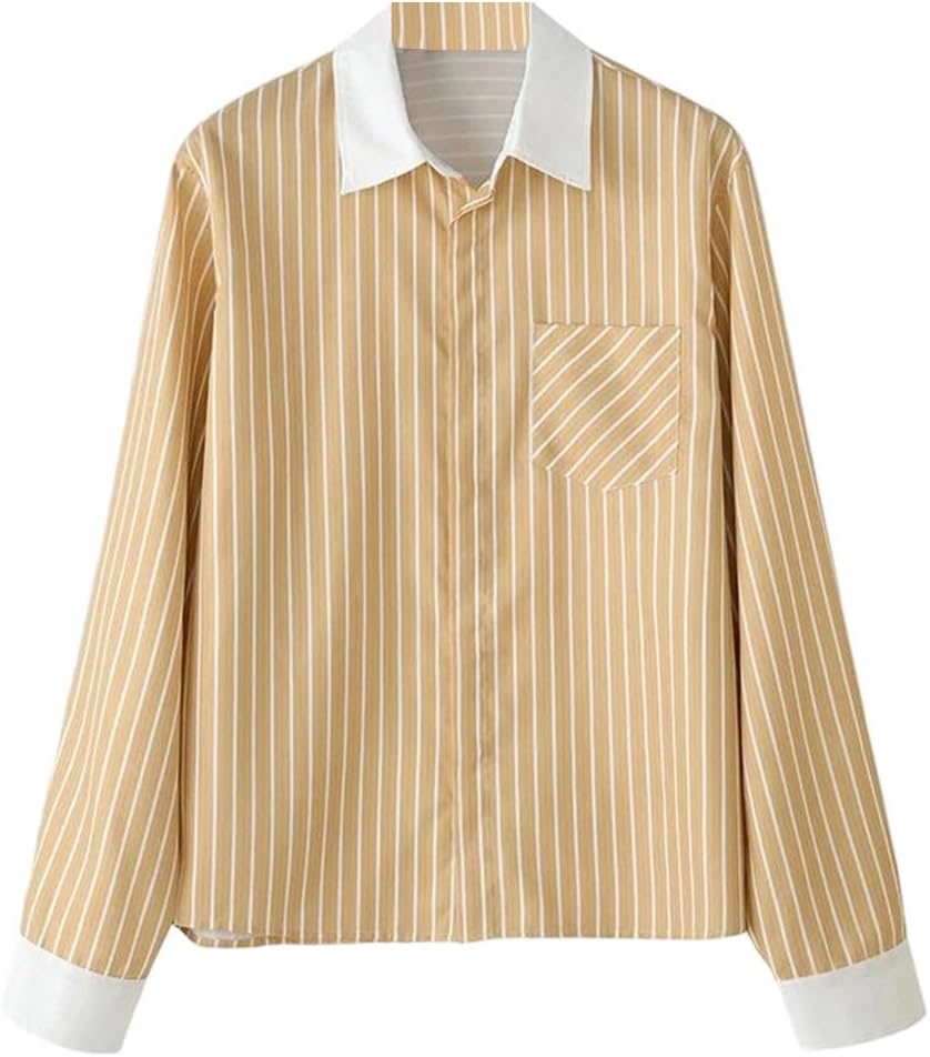 Men Spring Striped Patchwork Lapel Long Sleeve Shirt with Pockets Loose Casual Top
