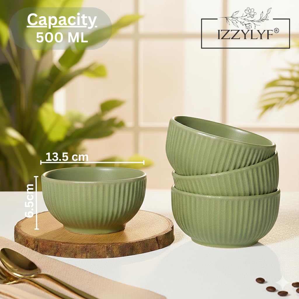 IZZYLYF 'Olive Ridge' Ceramic Snack Bowl Set of 2 (500 ml Each) | Microwave & Dishwasher Safe Bowl Set for Party, Dinner Table & Gifting | Stylish & Fancy Bowl Set for Snacks, Desserts & Salads 2
