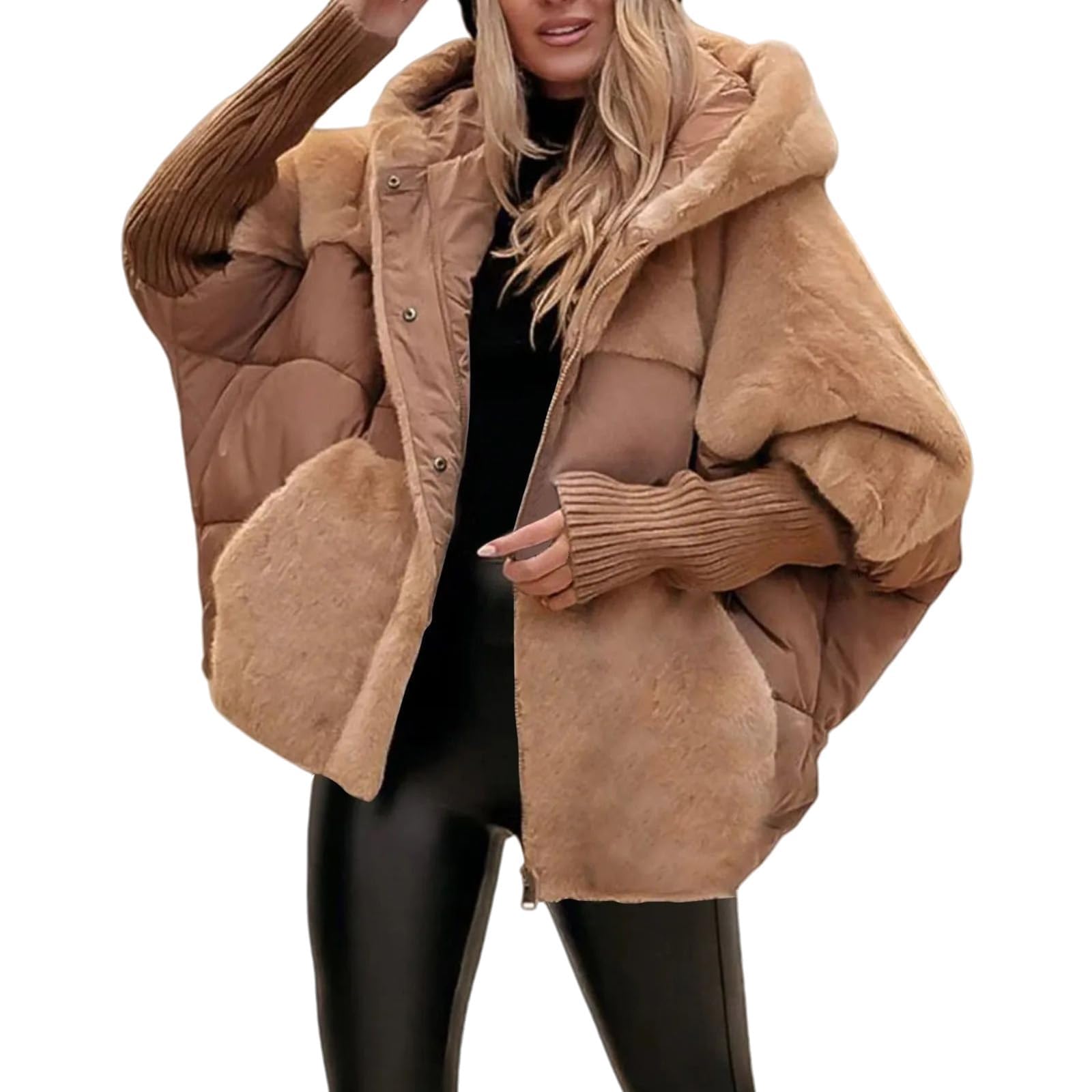 Generisch Oversized Damen-Steppjacke mit Kapuze, Patchwork-Design, wattiert, leicht und warm, Winterbekleidung
