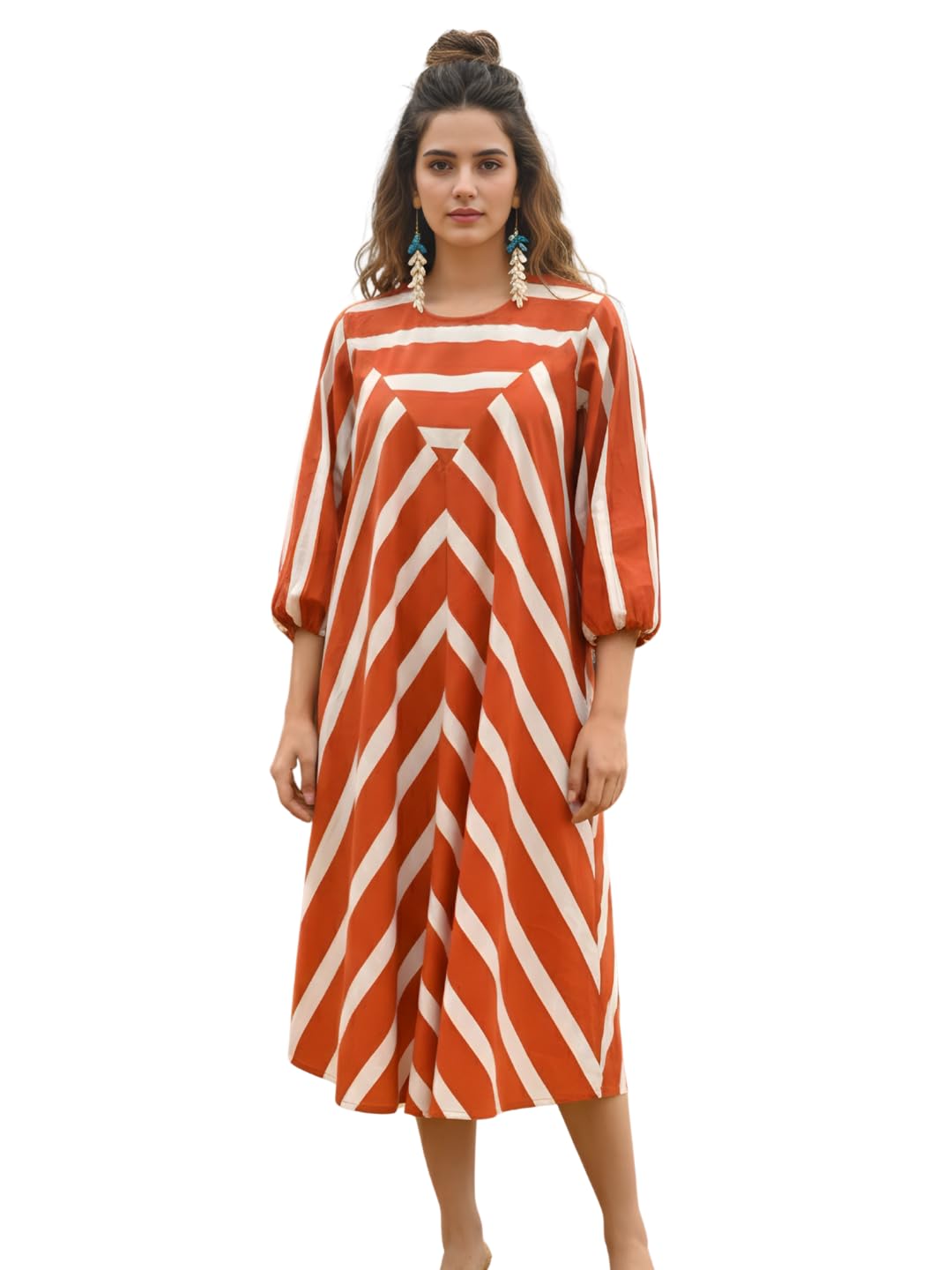 Women's Fuchsia & Pink Striped 100% Pure Cotton A-Line Maxi Dress | Round Neck, 3/4 Cuffed Sleeves, Side Pocket | Casual Day Wear, Vacation & Beach Wear-picture-21
