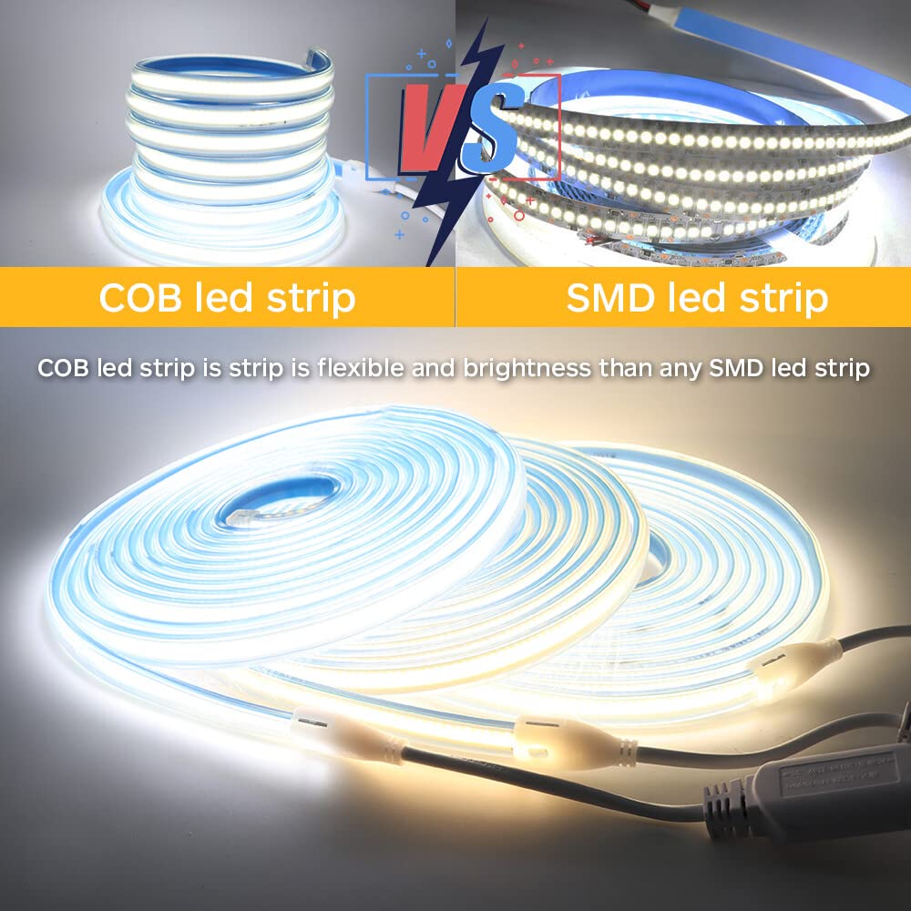 Tira LED COB 220V autoadhesiva [100M, Blanco cálido 3000-3500K], IP65 impermeable flexible, 360 LEDs/m tira LED FCOB cortable CRI85+, iluminación decorativa para hogares y tiendas