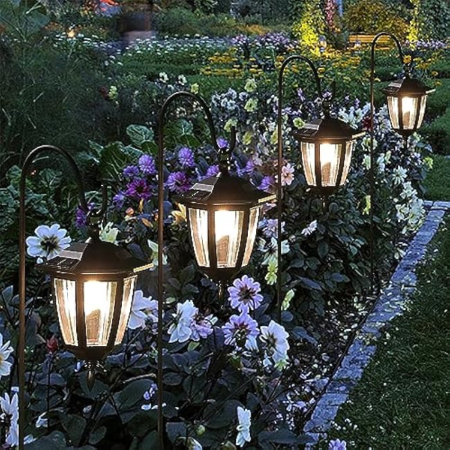 Dynaming 6 Pack Solar Hanging Lights Outdoor, Solar Powered Garden Decorative Lanterns with 6 x 38 Inch Shepherd Hooks, Waterproof Landscape Lighting for Lawn Patio Yard Pathway Driveway, Warm White