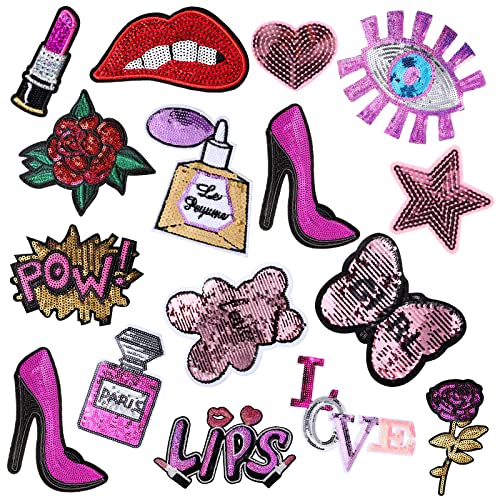 16 Pieces Purple Sequin Iron On Patches Diy Embroidered Patch Sew On Sequin Applique Lip Lipstick Patch Decoration Clothing Jeans Bag Repair For Woman Girl Garment Bag Shoes Caps Decor #TOP6