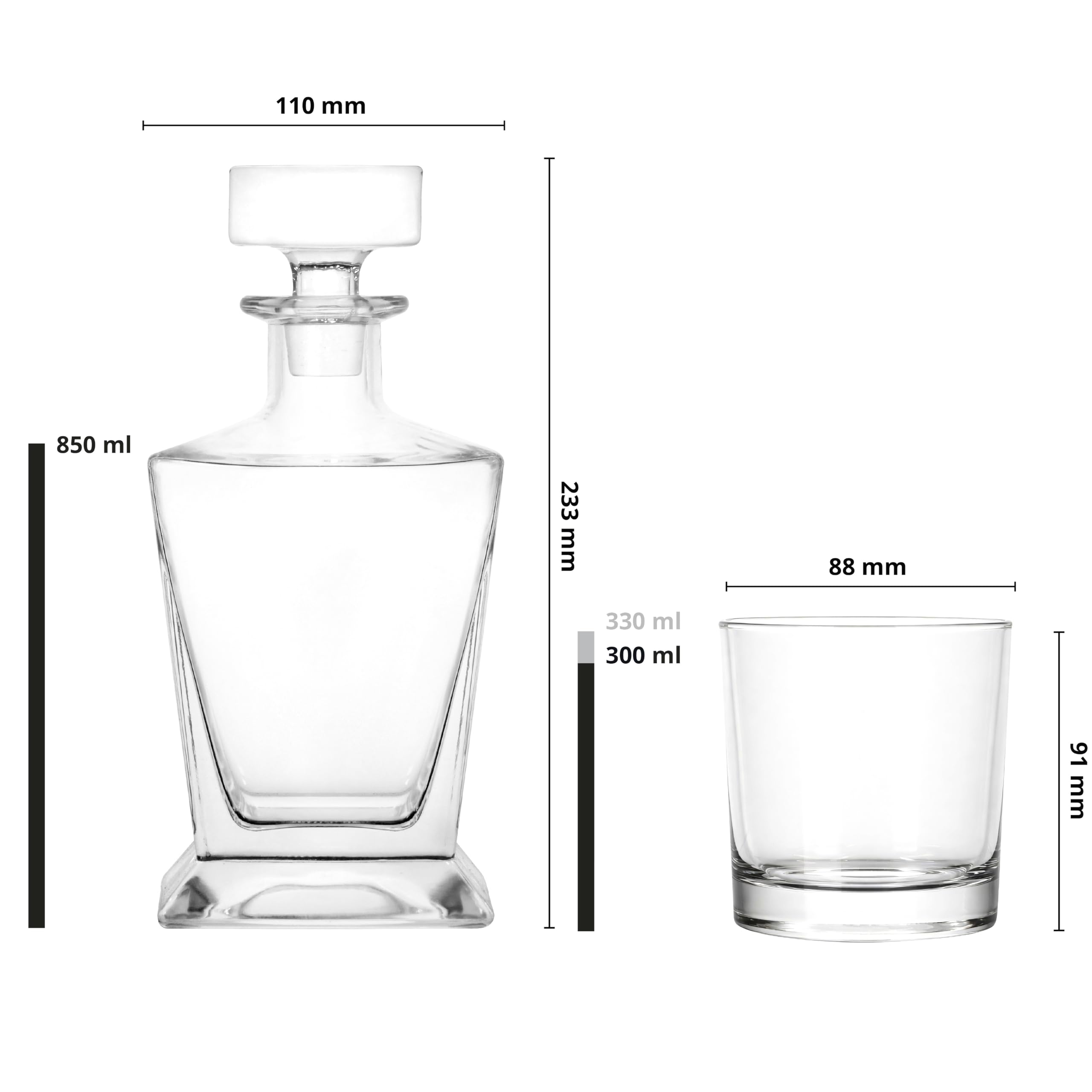 Glasmark Krosno 1992 Caraffa con Bicchieri 3 pezzi per Whisky e Distillati - Caraffa in Vetro 850 ml e 2 Bicchieri 300 ml - in Scatola Regalo Nera - Forma Moderna e Pulita