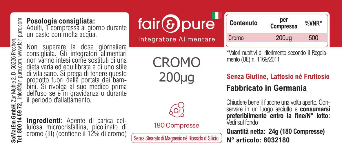 Tabletki chromu Fair & Pure 200 μg, 180 tabletek, wegański suplement diety bez dodatków, wyprodukowano w Niemczech