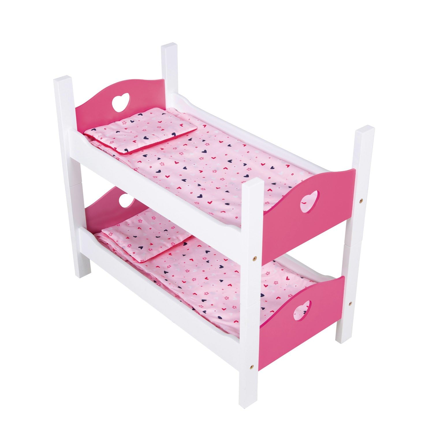Lit Superposé Poupée My Beautiful Dollsroom – Bois Blanc/Rose + 2 Matelas, Oreillers & Couvertures