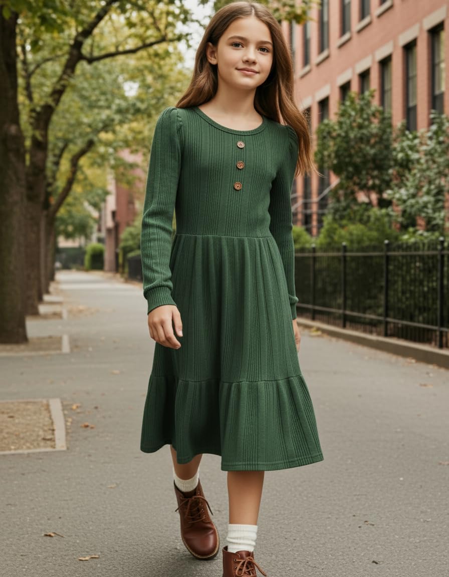 PATPAT Girl's Long Sleeve Sweater Dress Casual Button Front Knit Fall Winter Dresses 5-14 Years - Image 2