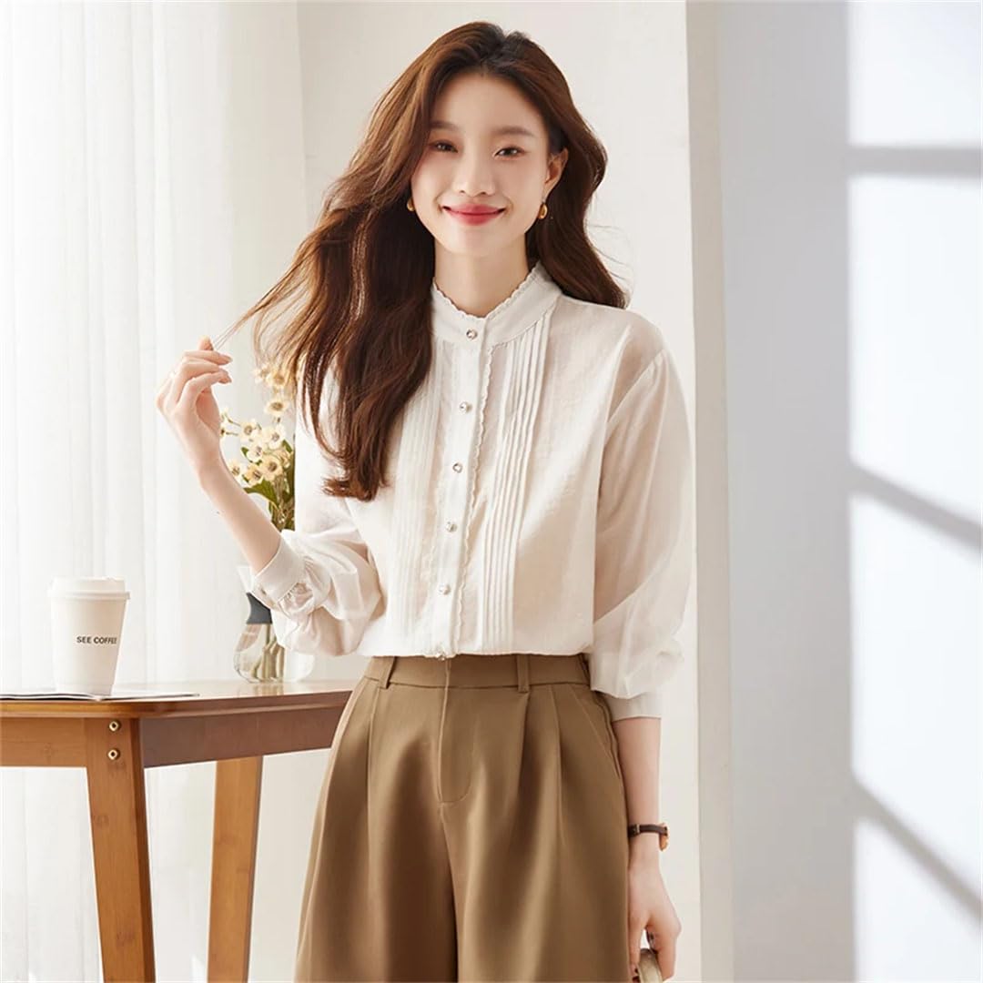 Blusa de manga larga con botones para mujer, estilo vintage, elegante, con cuello alto, para oficina