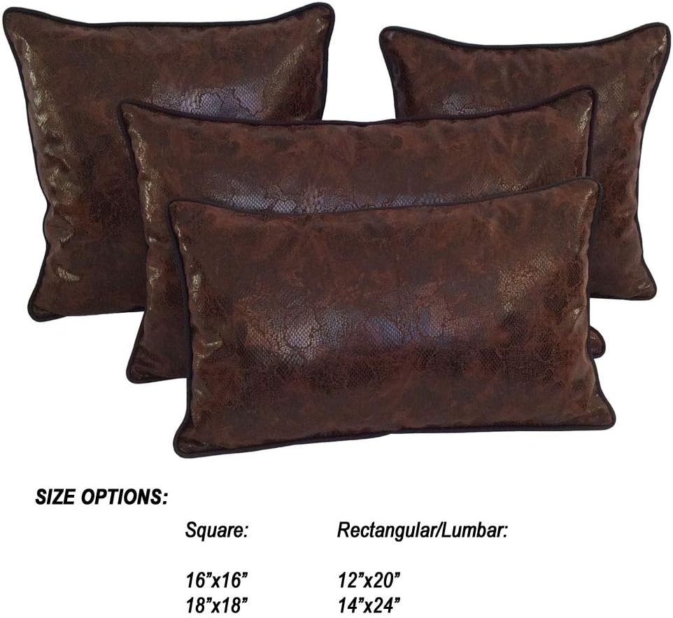 Faux Leather Brown Snake Pattern 16"x16" Pillow Cover Sham Throw/Decorative Cushion Case with Black Satin Piping for Home Decor, Office Sofa, Couch, Porch, Patio, Car, Truck