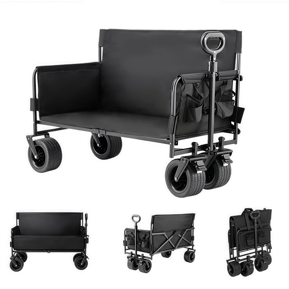 Chariot Pliable Multifonction 200kg, Plage/Camping/Courses, Roues 360° | 200kg/445LBS, chariot pliable tout-terrain, rangement compact, idéal plage/camping/courses, cadre renforcé