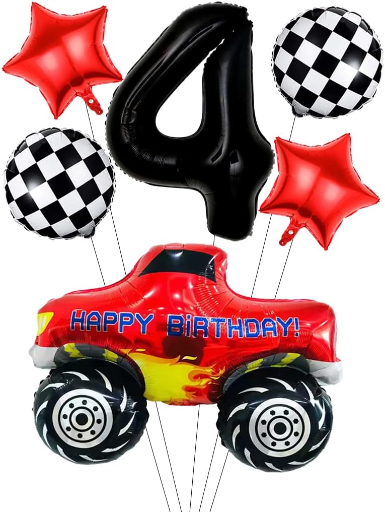 Liitata Car Party Balloons Giant Race Car Balloon 4th Race Truck Birthday Decor Black Number 4 Foil Balloon Checkered Flag Balloons Star Balloon for Boy Birthday Party Theme Party