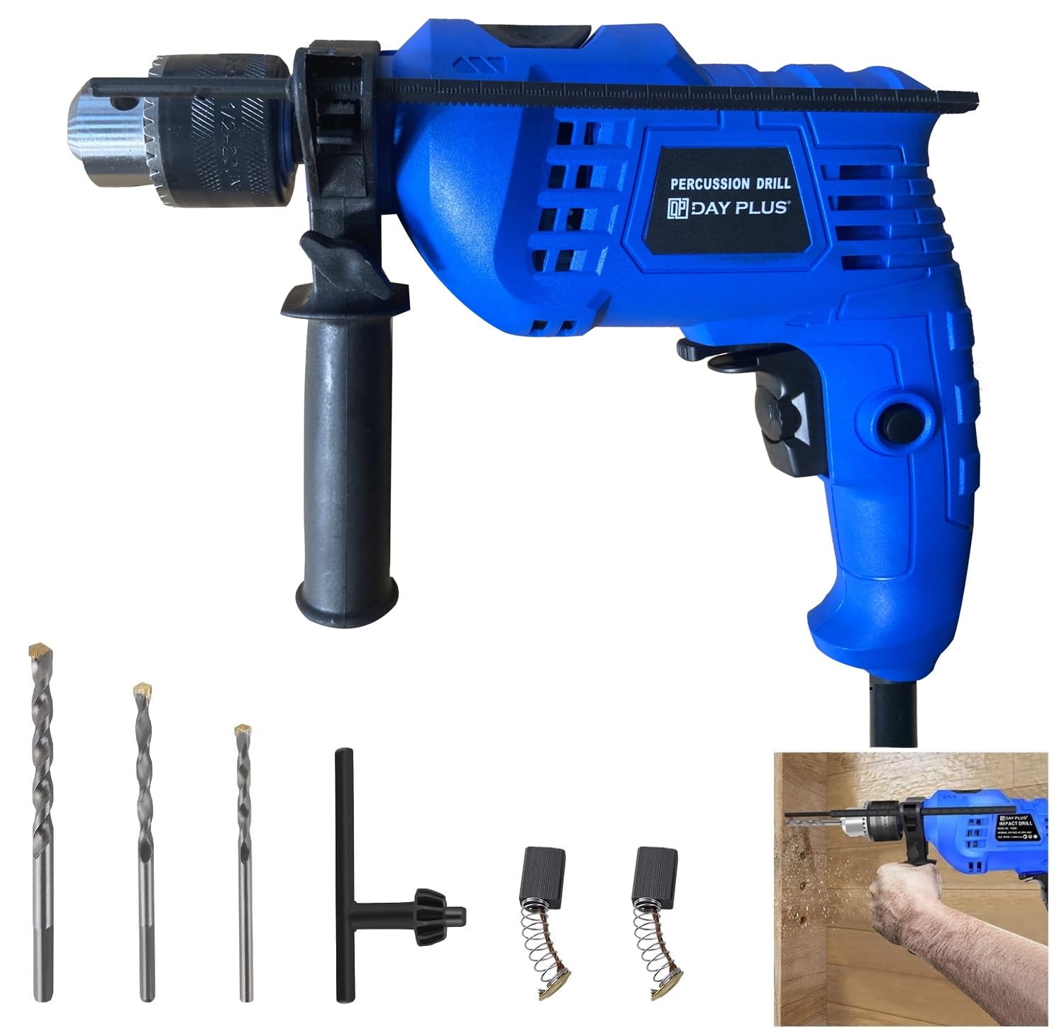 Powerful 230V 850W Rotary Hammer Drill Set, Wood Concrete Steel Stone Electric Breaker with 360° Rotatable Side Handle 3000rpm Variable Speed Depth Gauge 13mm Chuck, Drill Bits(5/6/8mm) and Chuck Key