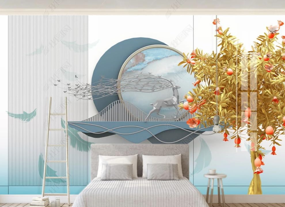 Poster géant mural cerf shanshui doré pour décoration de restaurant