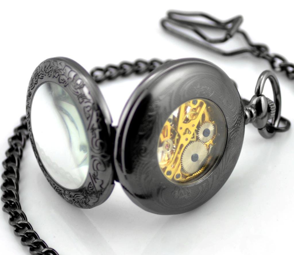 Orologio da tasca antico nero con numeri romani, carica manuale, orologio tasca meccanico, catenina con ciondolo, lupa nera da cavaliere, alta qualità