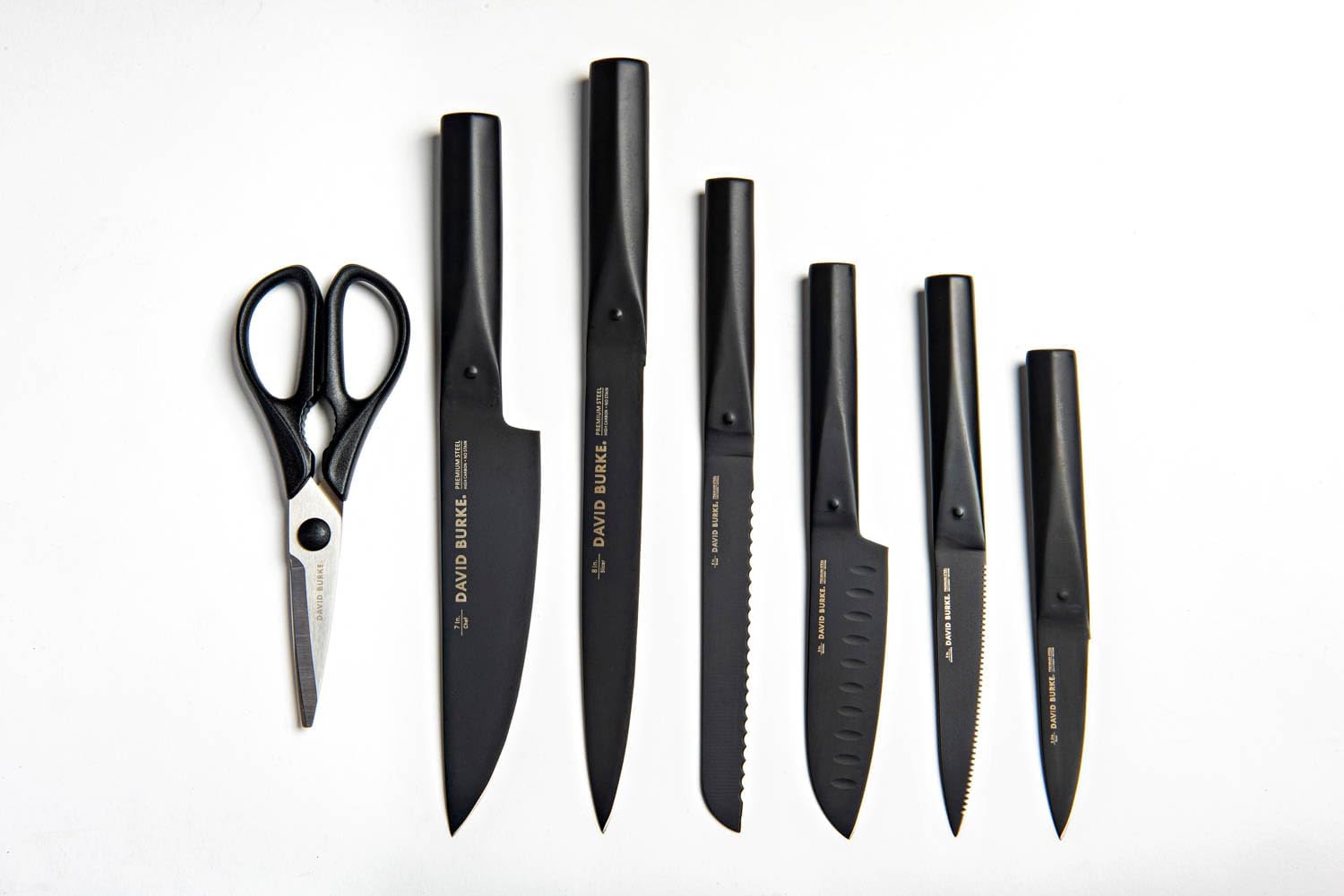 David Burke 7-Piece Black Knife Set With Acrylic Block - Sleek & Stylish Commercial Grade Coated Carbon Steel Cutlery