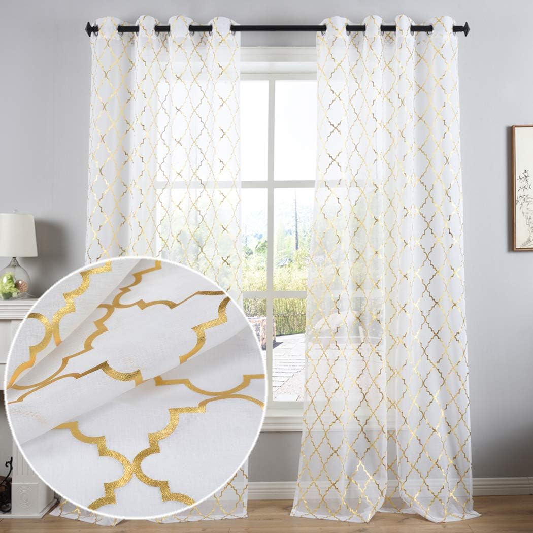 Gold White Sheer Curtains 84 Inches Long 2 Panels Metallic Gold Moroccan Sparkle Sheer Curtains for Living Room, Grommet Privacy Light Filtering Shimmer Window Sheer Curtains, W52 x L84 Inch