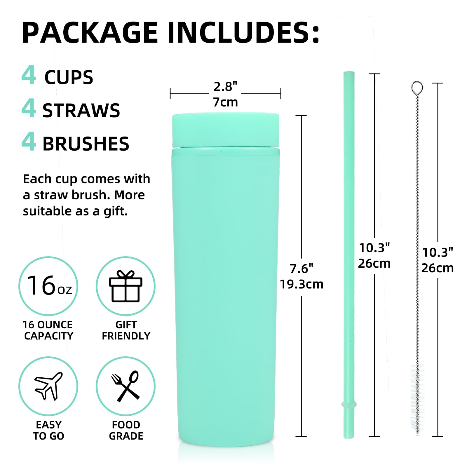 Volhoply Vaso delgado de plástico de 473 ml con tapa y popote, paquete de 10 unidades, vasos aislados de acrílico mate de doble pared sin BPA, taza reutilizable para café helado, regalos